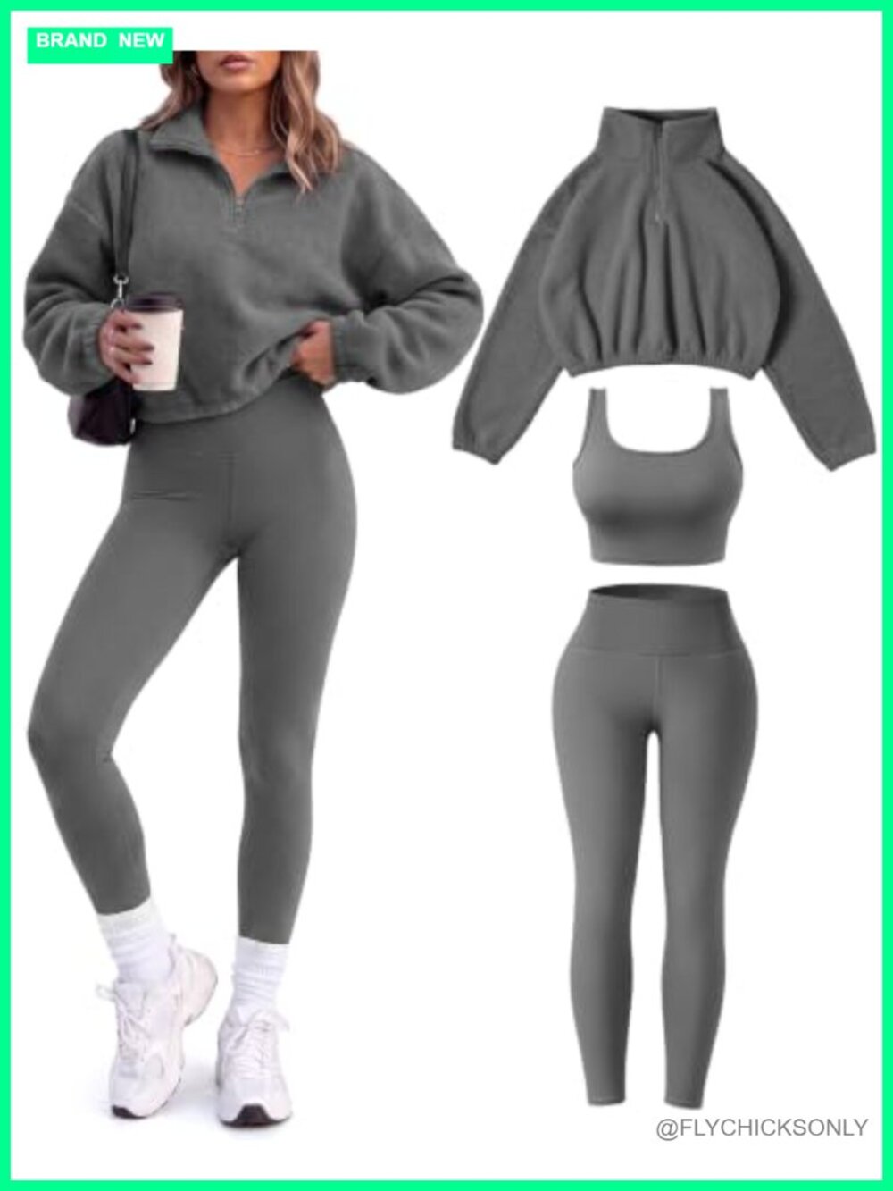 Women Fleece Workout Set 3 Piece Half Zip Pullover Sports Bra Leggings